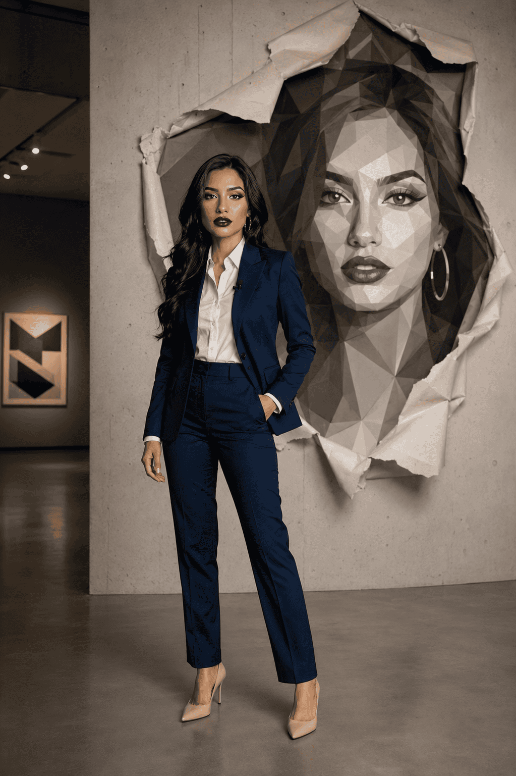 Ultra-realistic full-body fashion editorial portrait of a confident professional woman wearing a navy blue blazer, white shirt, matching trousers, and beige heels, standing in a modern concrete art galler Cinematic Portrait Series AI Image Prompts