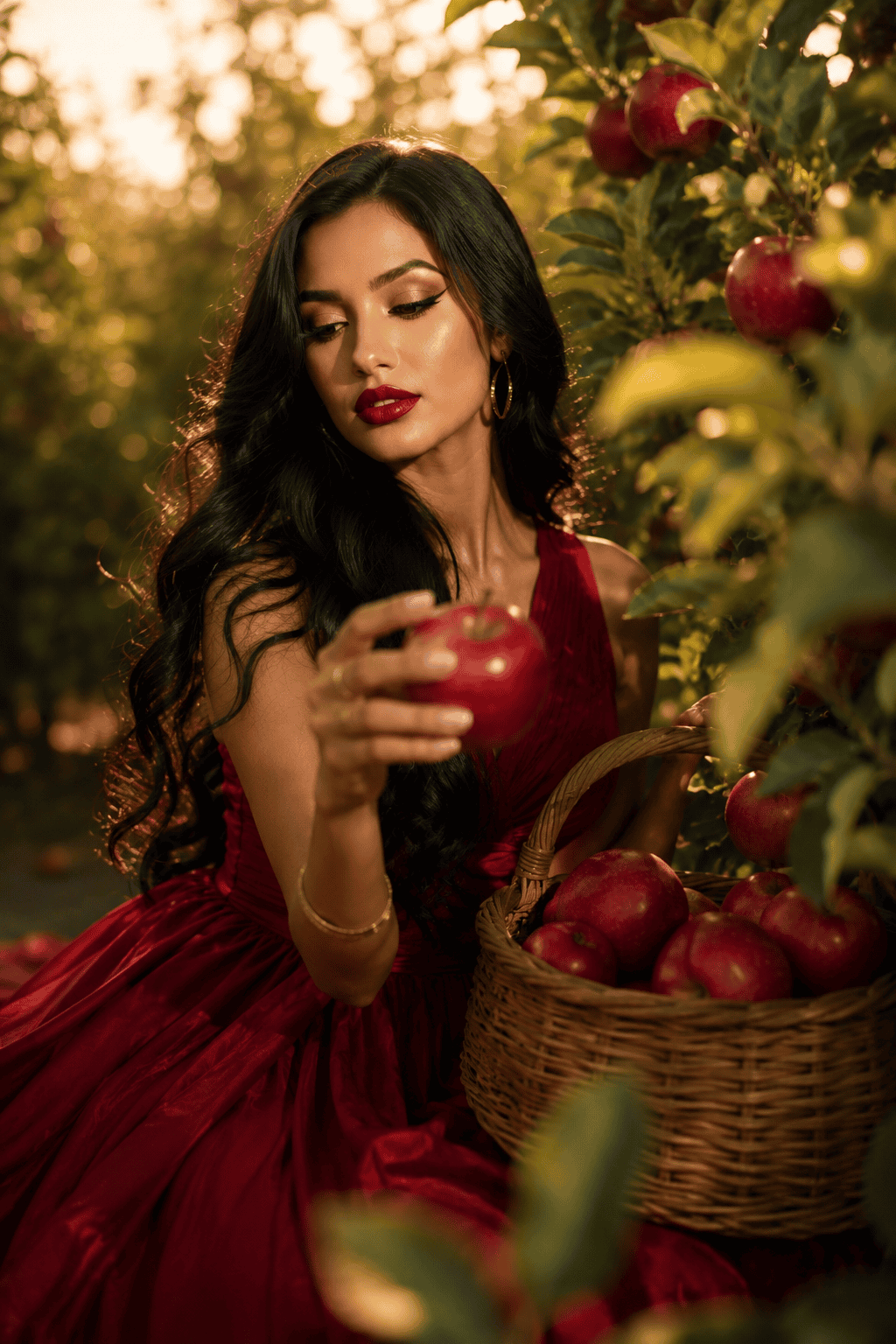 Ultra-realistic portrait of a graceful young woman in a flowing crimson red dress picking ripe red apples in a sunlit orchard, holding a wicker basket during golden hour with soft cinematic lighting and dreamy bokeh Cinematic Portrait Series AI Image Prompts