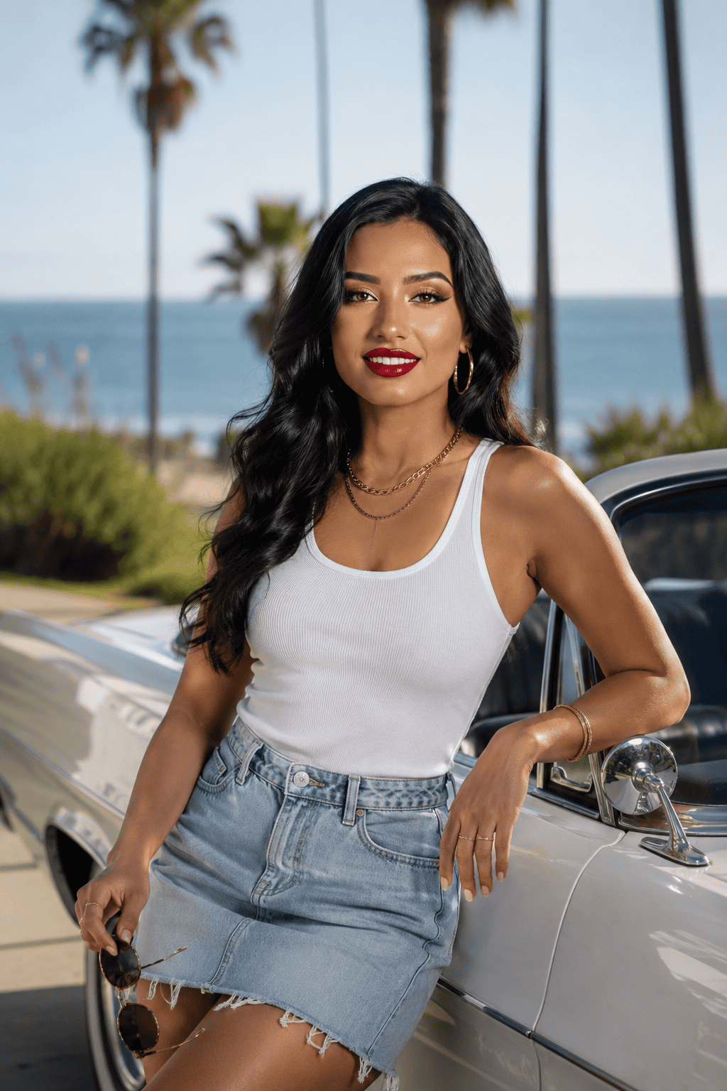 Brunette woman in a white tank top and denim skirt posing beside a vintage white car by the ocean.