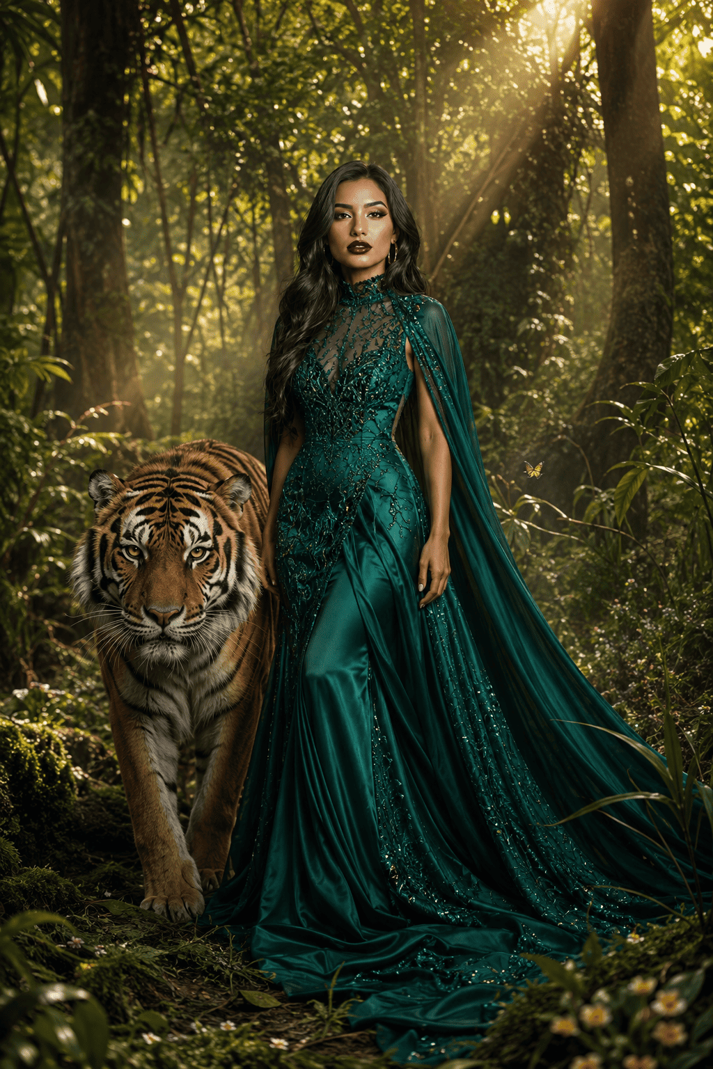 Woman in an emerald gown standing beside a Bengal tiger in a sunlit rainforest.