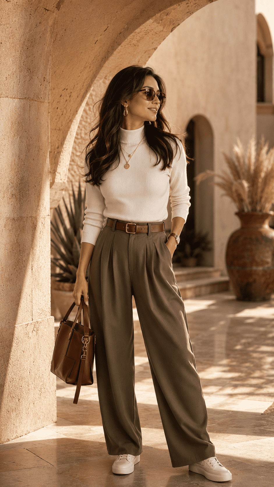 Woman in a cream sweater and olive trousers standing beneath a sunlit Mediterranean archway.