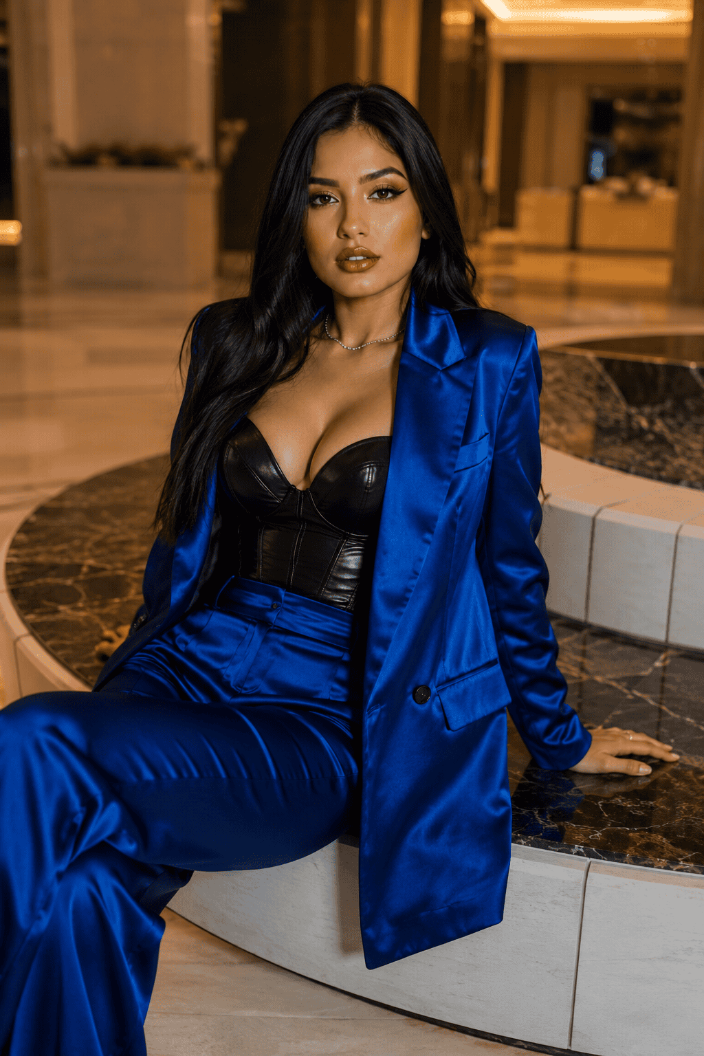 Woman in a royal blue satin pantsuit seated in a luxury marble interior