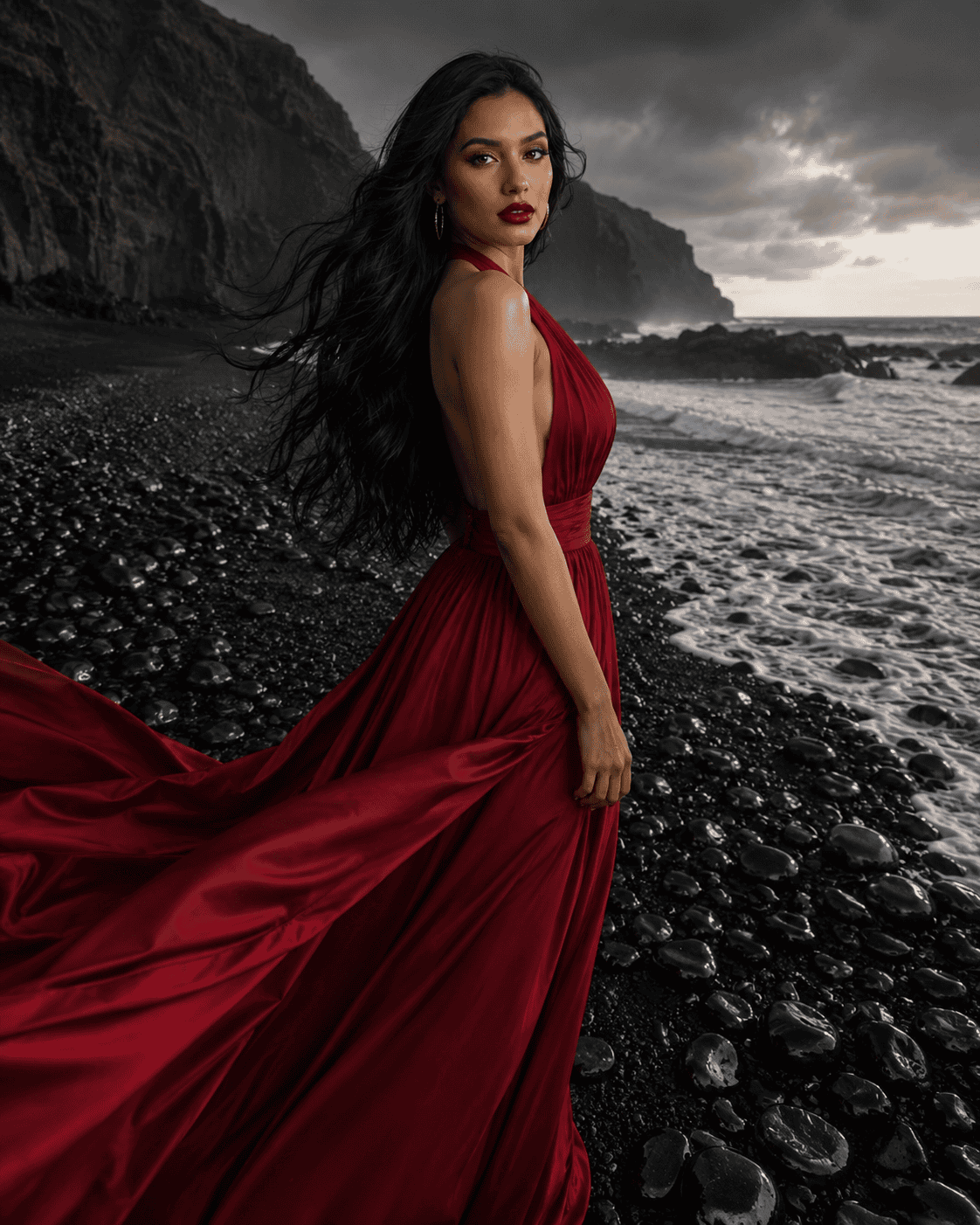 Woman in a red gown standing on a black volcanic beach
