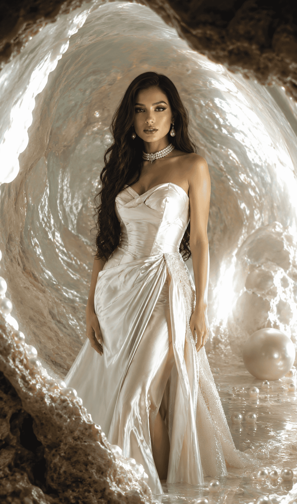 Elegant woman in a white gown inside a glowing pearl caveFantasy Goddess Looks