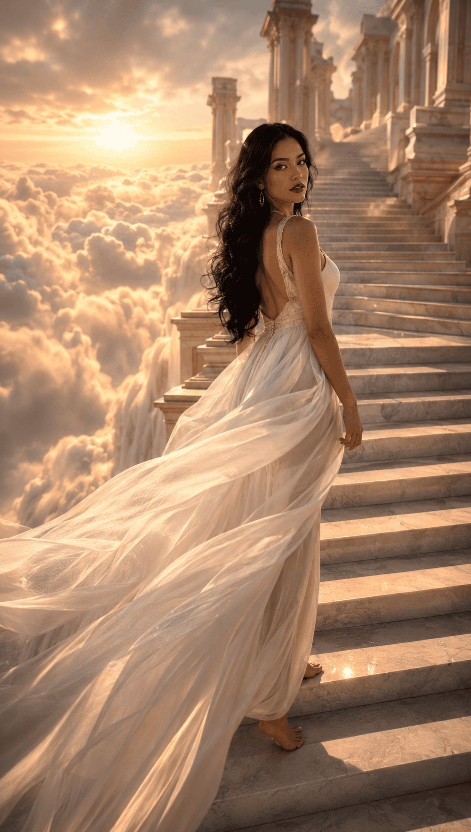 Woman in a flowing white gown on celestial stairs above the clouds