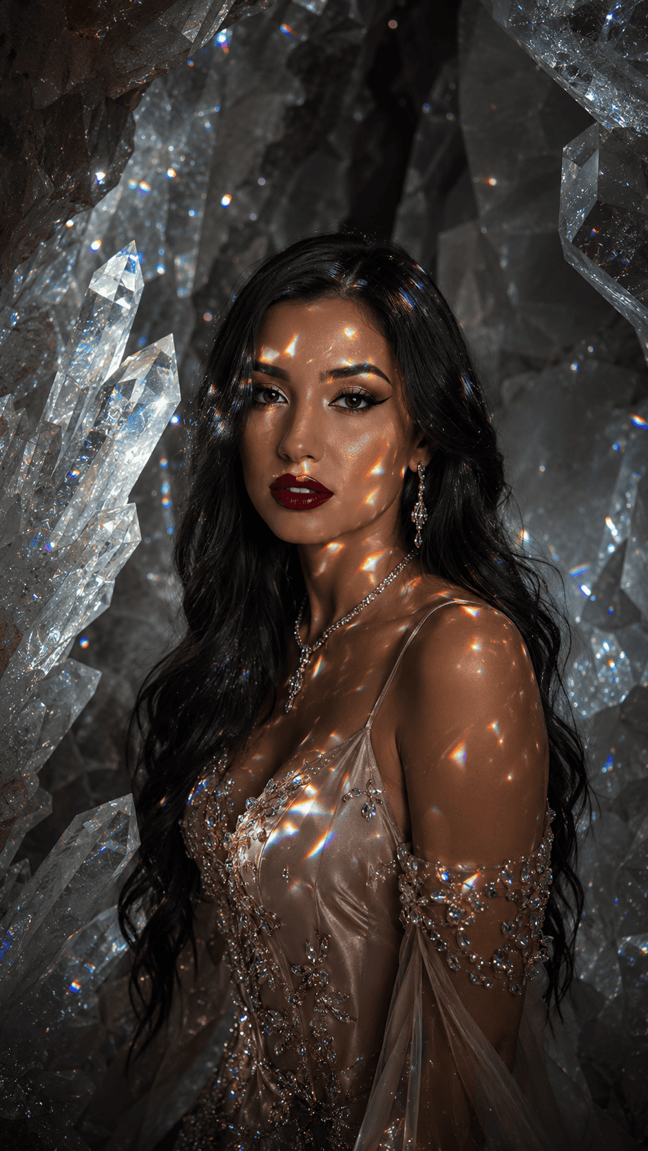 Glamorous woman in a jeweled dress surrounded by sparkling crystals and rainbow reflections