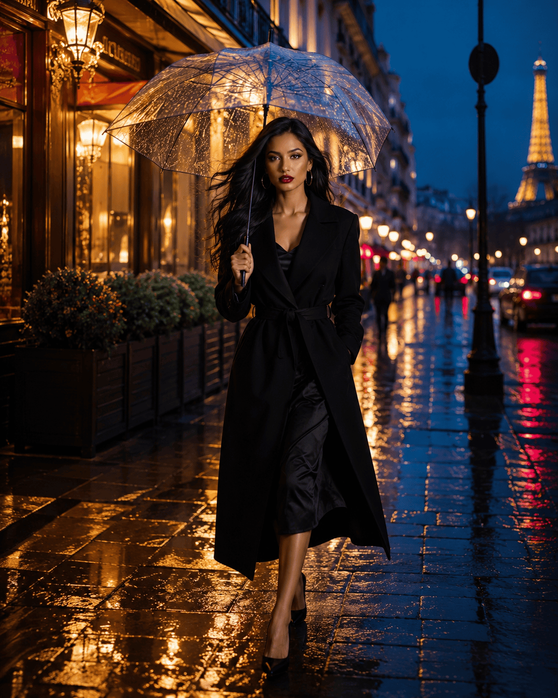 Elegant woman in a black coat holding an umbrella on a rainy Paris street near the Eiffel Tower Mystical Beauty