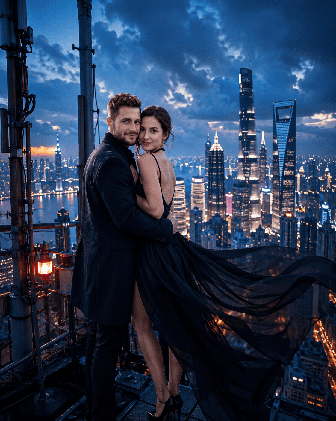 Ultra-realistic cinematic portrait of a stylish couple embracing on a high skyscraper antenna platform during blue hour, overlooking a futuristic city skyline with glowing lights and the woman's flowing black dress moving in the wind.