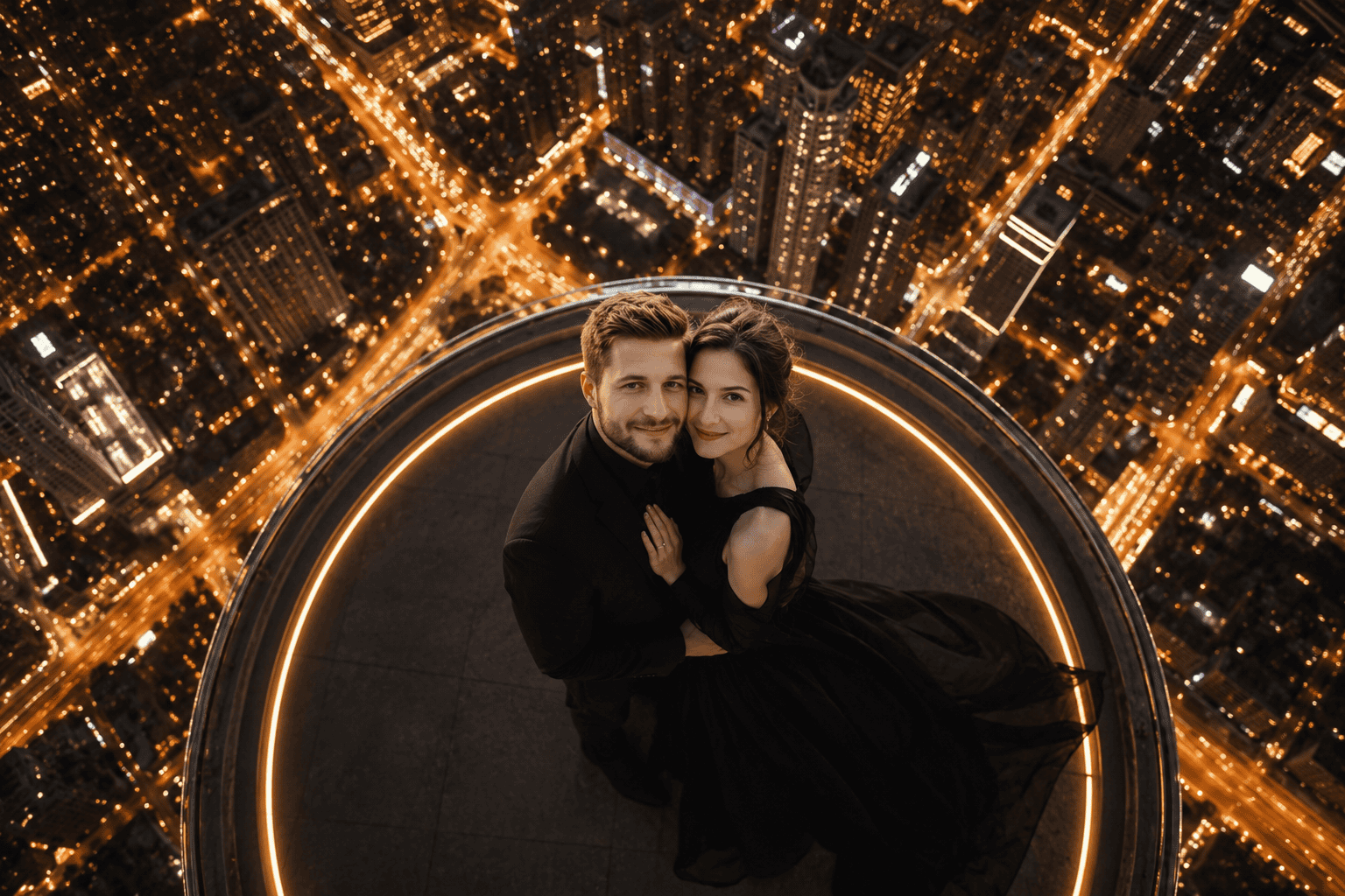 Ultra-realistic cinematic portrait of a stylish couple standing on a skyscraper antenna platform above a vast city skyline at sunset, with a flowing black dress and golden light creating a dramatic luxury atmosphere.Cinematic Couple AI Prompts