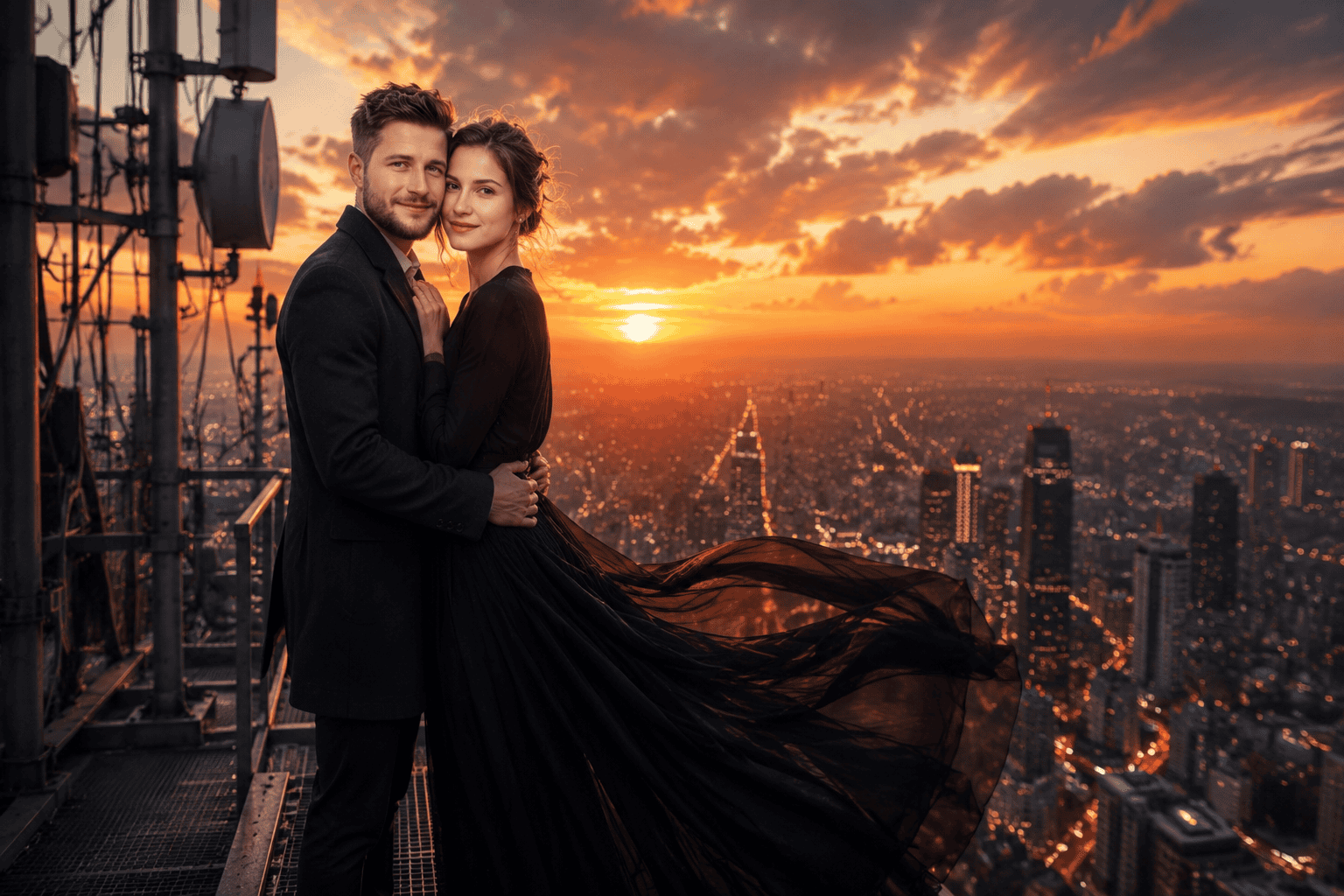Cinematic Rooftop Sunset Couple Portrait