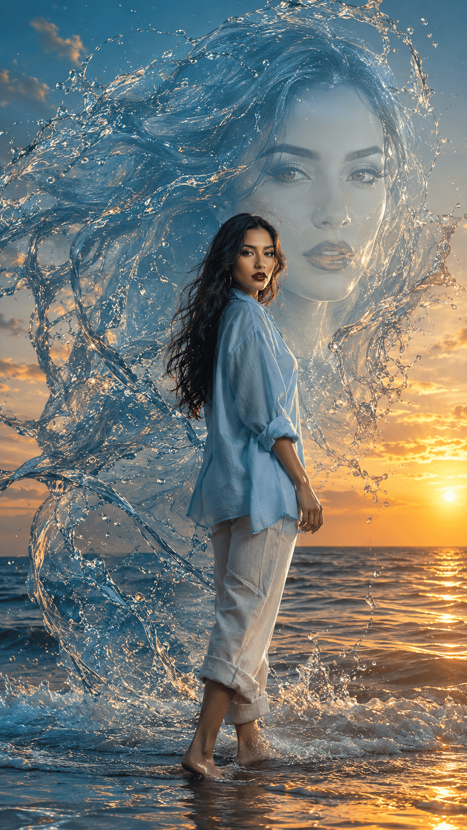 "A woman standing in the sea at sunset with a massive water-formed female face behind her in a cinematic fantasy portrait."*