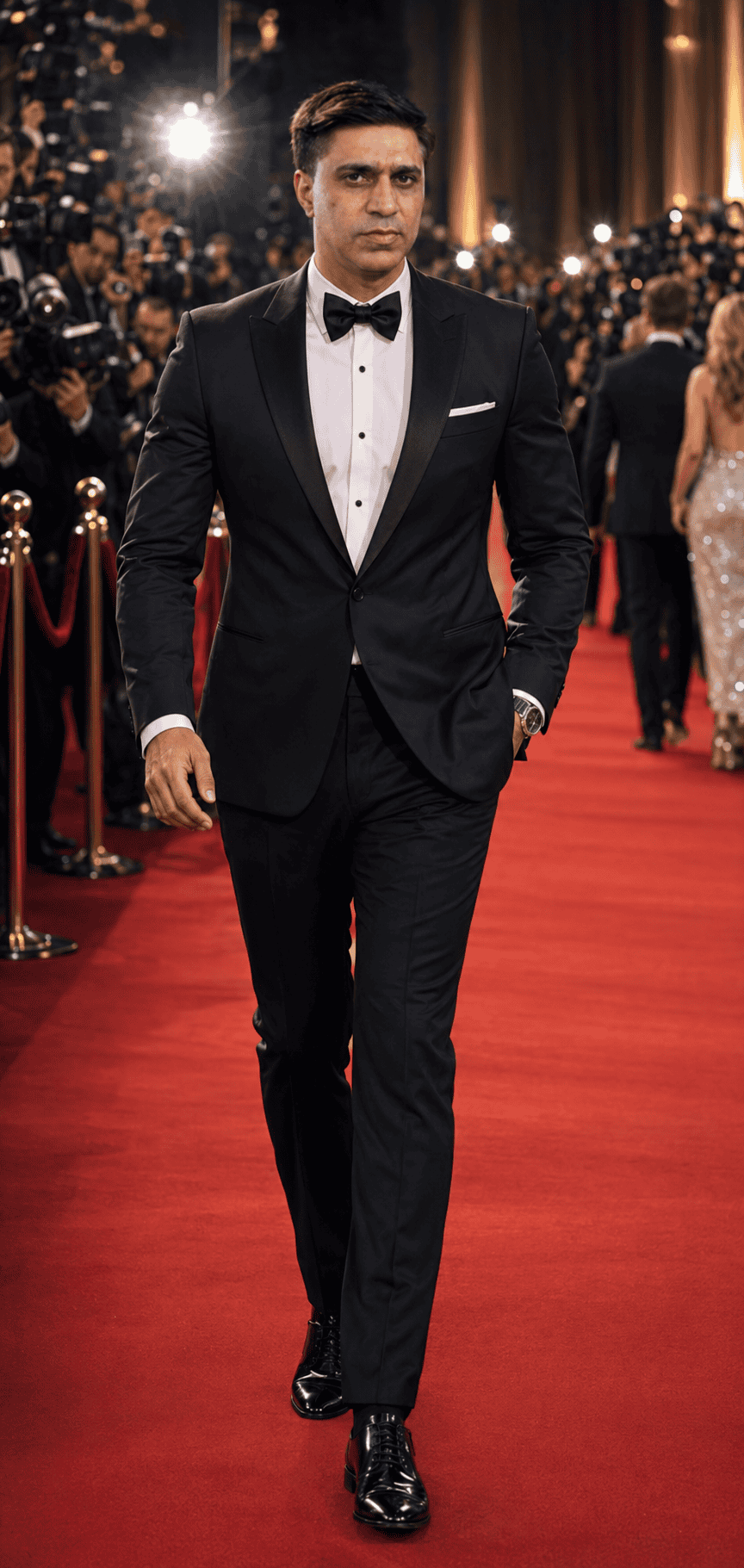Elegant man in a black tuxedo walking confidently on a red carpet with photographers and flashing cameras in the background.