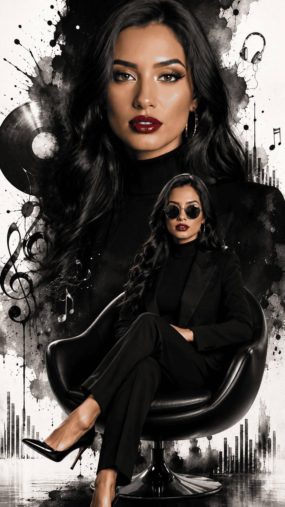 Luxury cinematic portrait of a confident woman in a black suit with artistic monochrome music-themed background.
