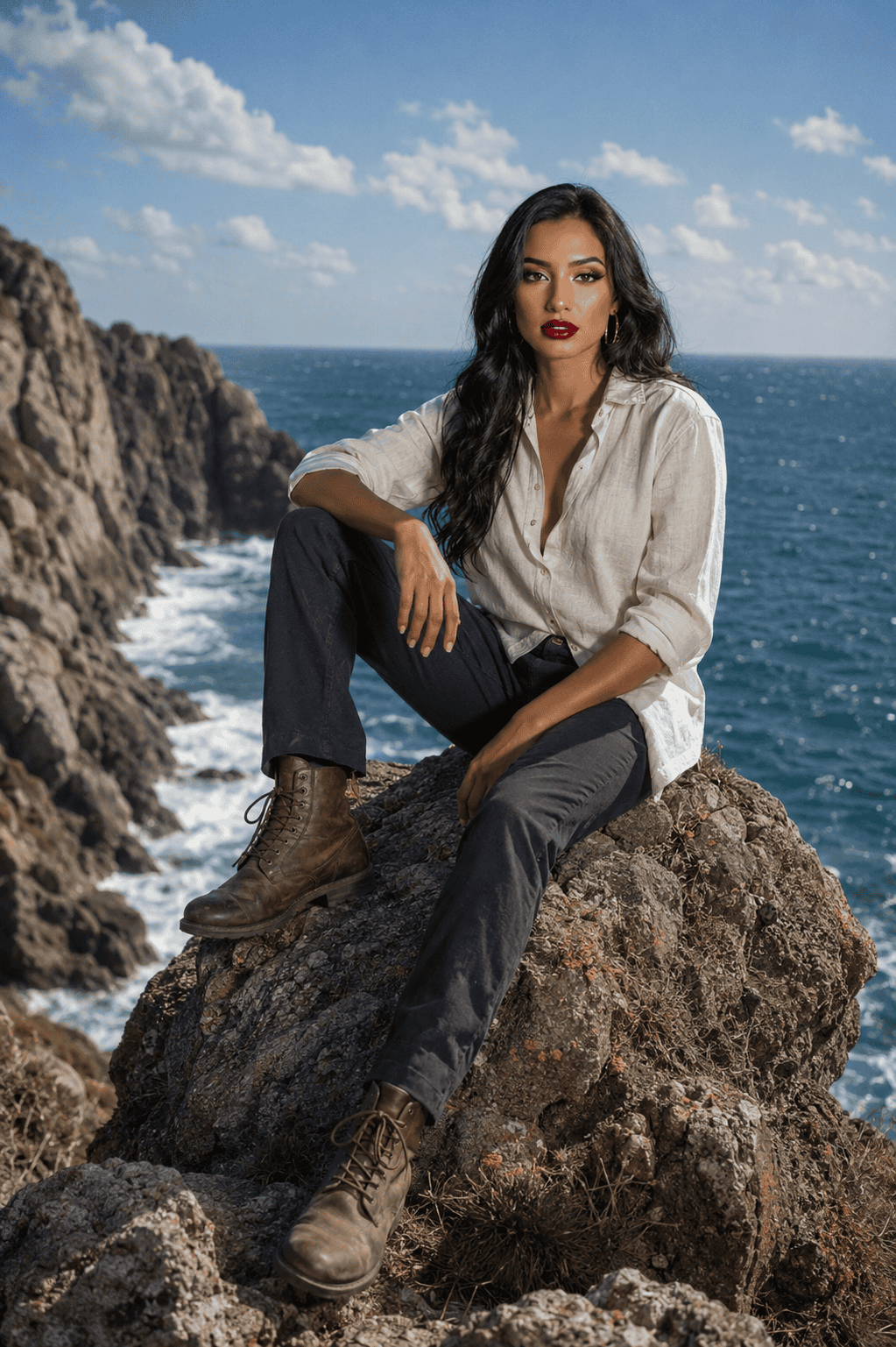 Woman sitting on a coastal rock overlooking the ocean under a clear blue sky iconic portrait concepts ai image prompts