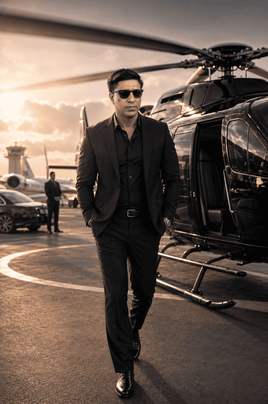 Stylish man in a black suit and sunglasses walking confidently beside a luxury helicopter at a private airport during sunset.