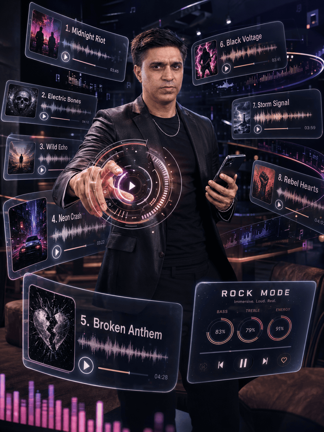 Stylish man controlling a futuristic holographic music player while holding a smartphone, surrounded by floating playlist panels and audio visualizations.