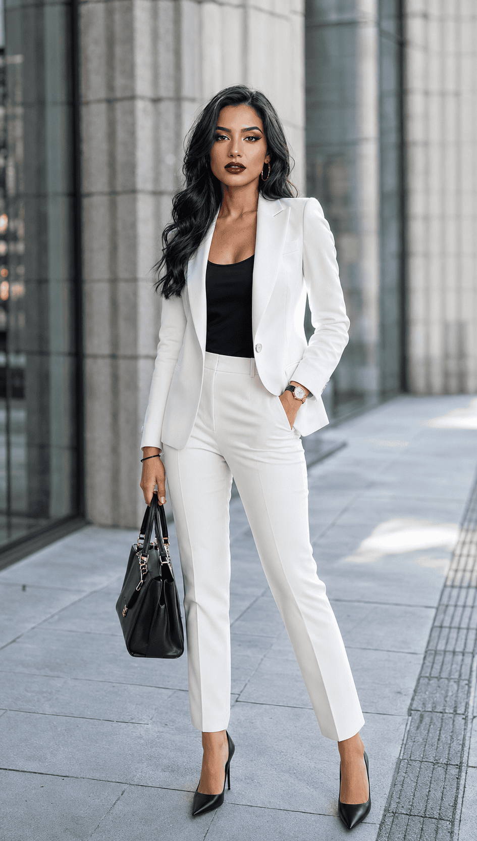 Photorealistic full-body portrait of a confident woman wearing a tailored white pantsuit with a black top, black pointed heels, and a black leather handbag, standing in front of a modern office building with soft natural daylight and a blurred architectural background.