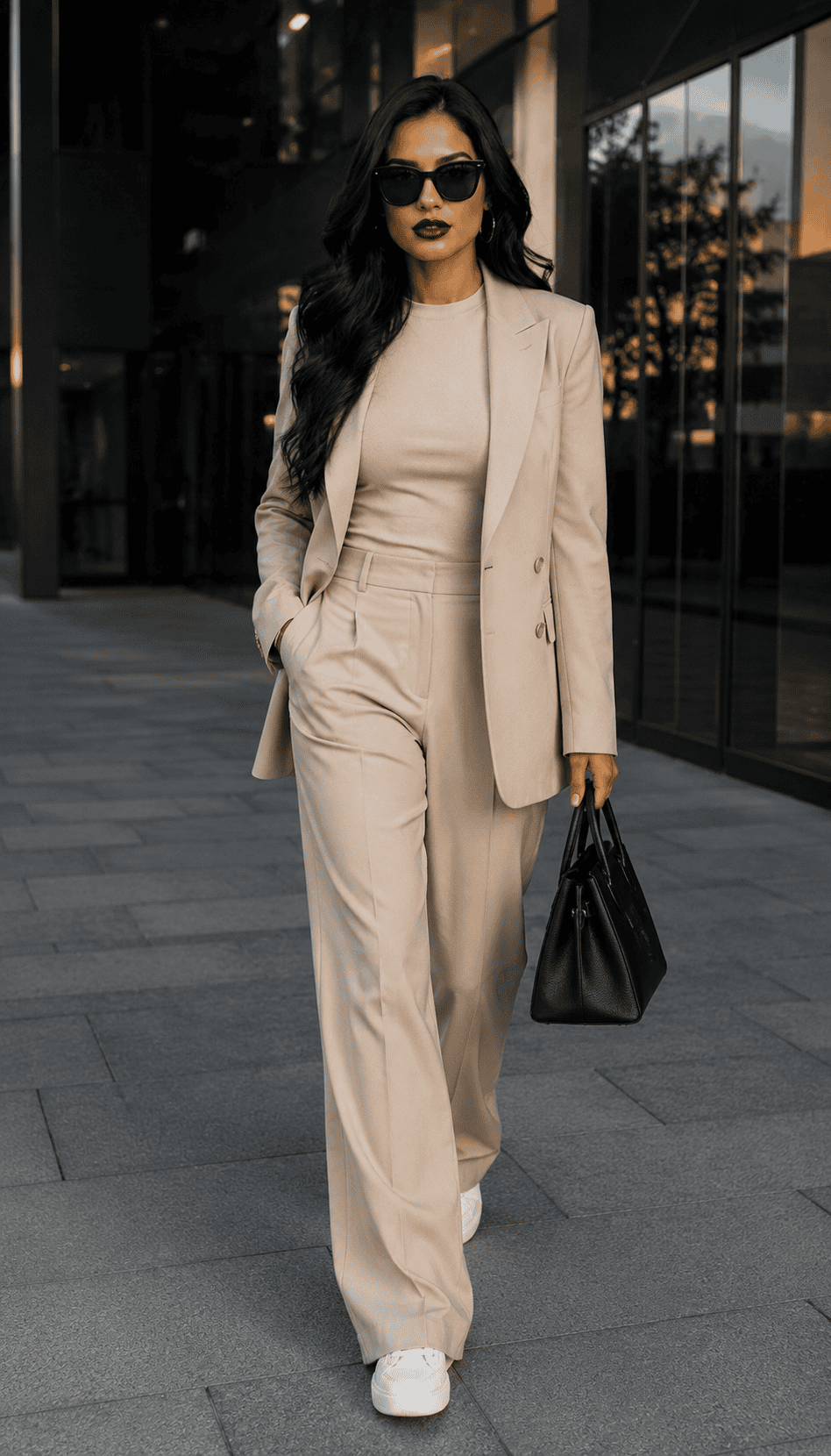 Photorealistic full-body image of a confident professional woman with long black wavy hair walking on a modern stone-paved pathway outside a glass office building at dusk, wearing a beige three-piece pantsuit, white sneakers, dark sunglasses, silver hoop earrings, and carrying a black leather handbag.Women's Business Suit AI Prompts