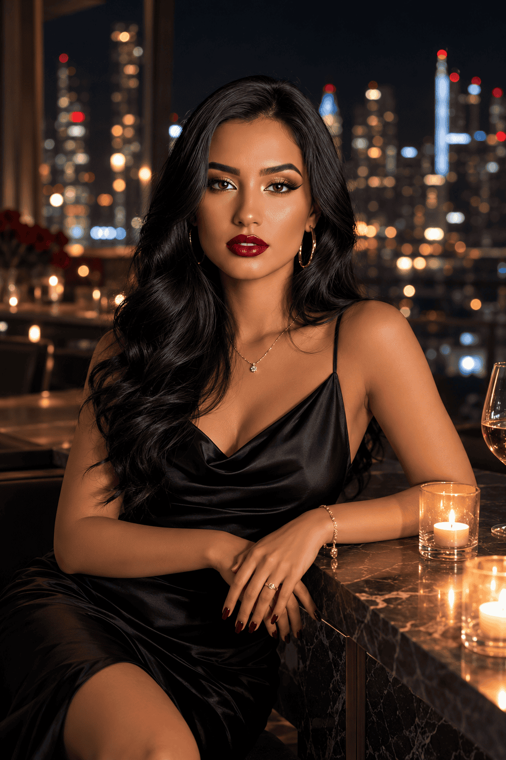 Elegant woman in a black silk slip dress leaning on a marble bar at a luxury rooftop lounge with candlelight and a blurred city skyline at night.
