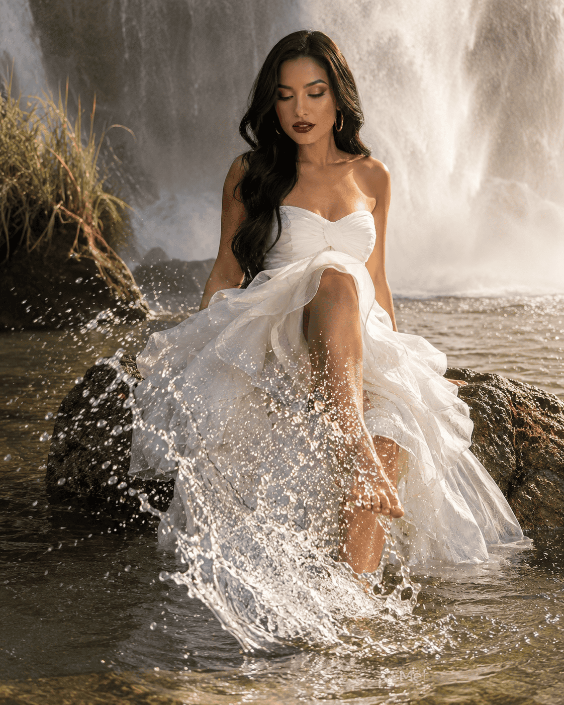 A woman in a flowing white strapless gown sits barefoot on a rock in a shallow river, splashing water with her feet in front of a misty waterfall under warm sunlight.