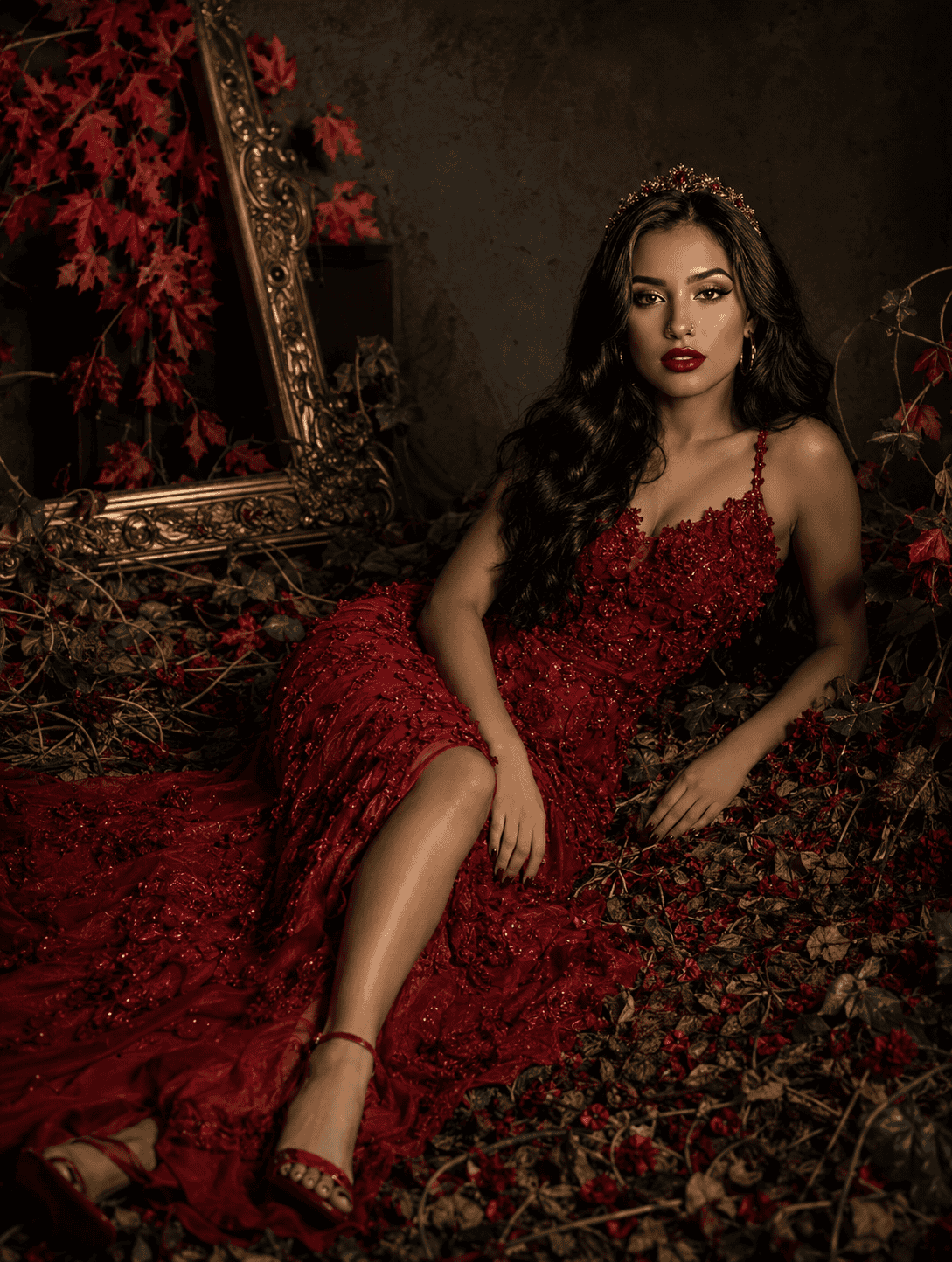 A woman in a textured red evening gown reclines among dried leaves, red petals, and trailing vines, wearing a jeweled headpiece and nose ring in a dramatic studio portrait with moody lighting and an antique gold frame in the background.