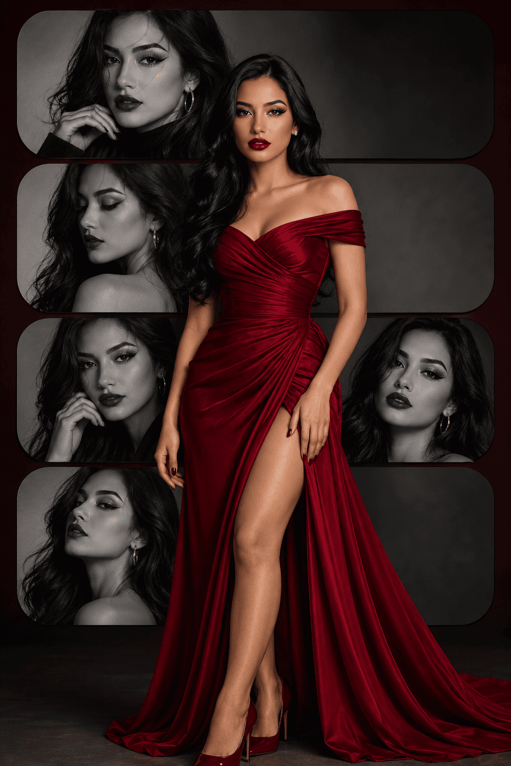 Woman in a luxurious burgundy off-shoulder evening gown posing in the center of a glamorous portrait collage with black-and-white close-up fashion portraits in the background.