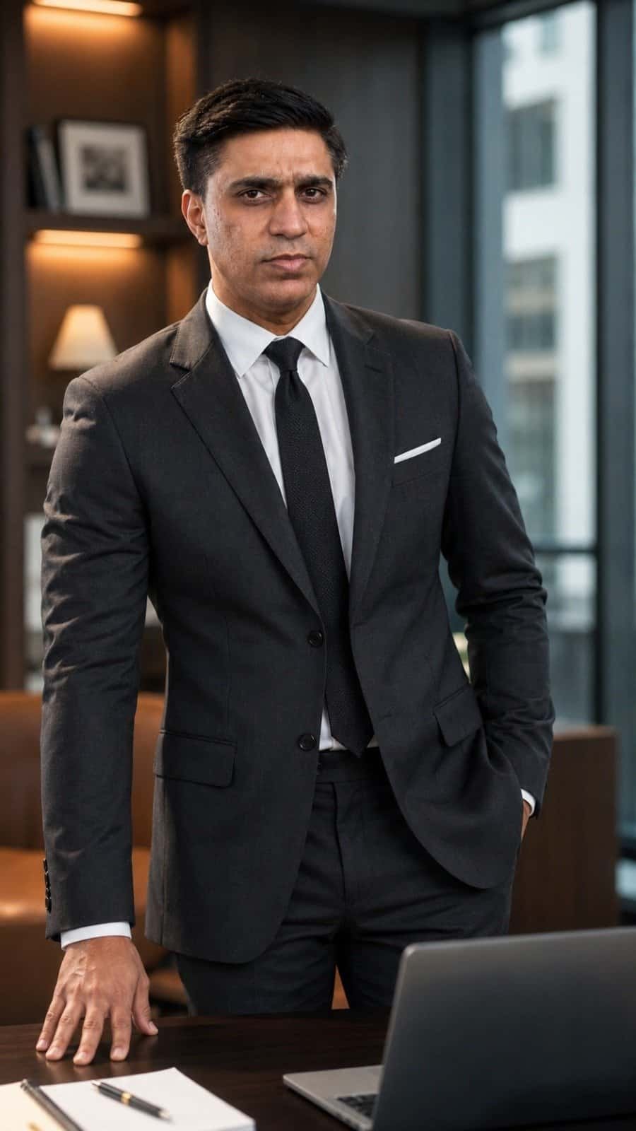 A professional man in a dark suit standing confidently behind a desk in a modern corporate office. Luxury Portrait Collection For Men AI Image Prompts