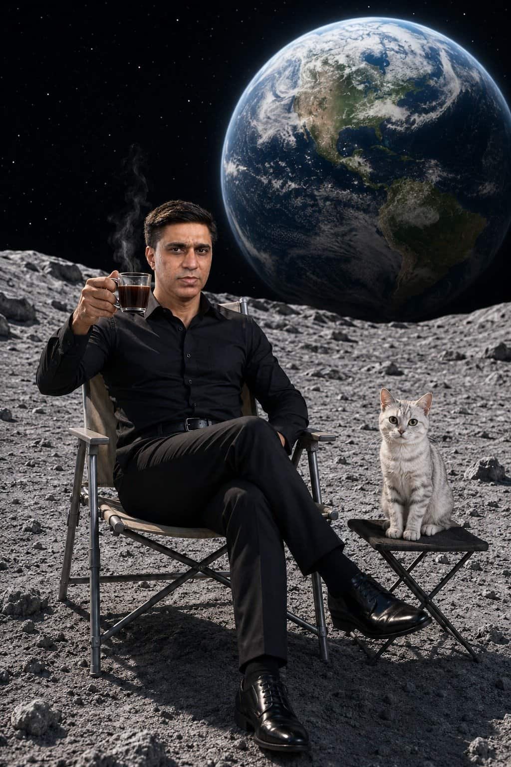 A man holding a glass coffee cup while sitting on the moon, accompanied by a cat on a small stool, against a backdrop of space and planet Earth.